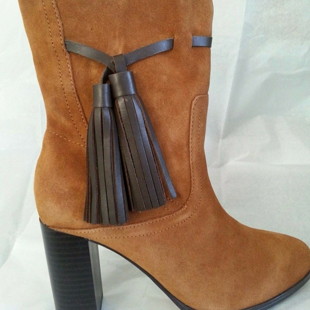 Mango suede ankle boots leather tassels block heal brown camel size 10